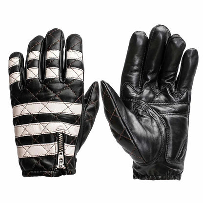 Pair of black leather gloves with quilted design on a white background