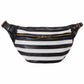 Black and white striped fanny pack with gold zipper on a white background