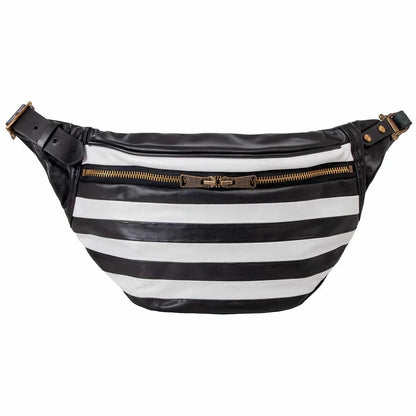 Black and white striped fanny pack with gold zipper on a white background