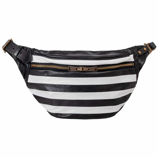 Black and white striped fanny pack with gold zipper on a white background